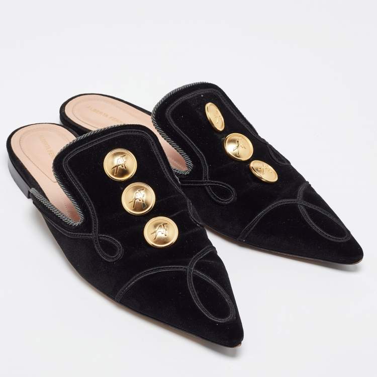 Pre Owned Alberto Fermani Black Velvet Buttons Embellished Flat Mules Size 38