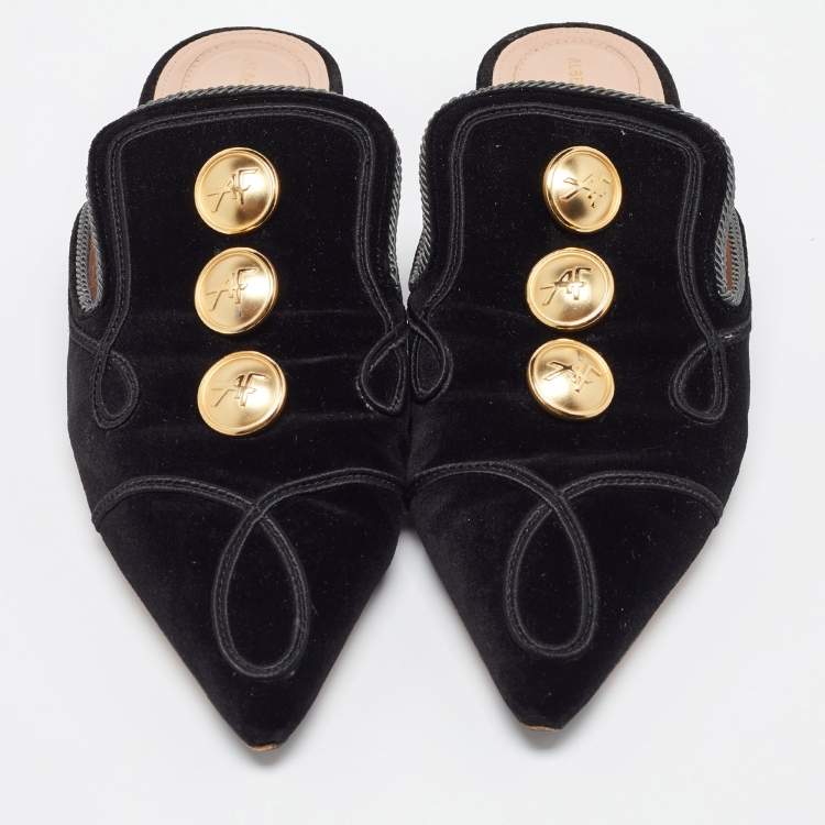 Pre Owned Alberto Fermani Black Velvet Buttons Embellished Flat Mules Size 38