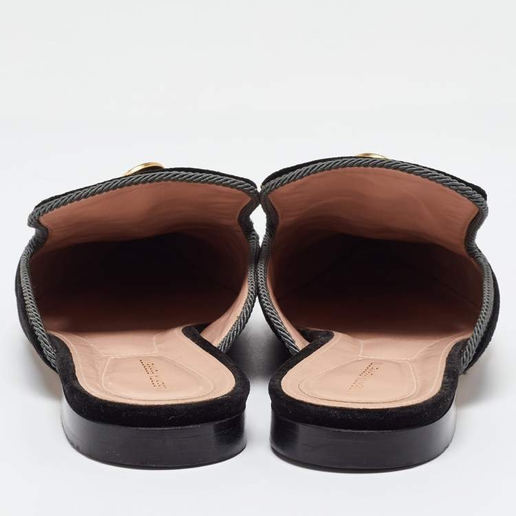 Pre Owned Alberto Fermani Black Velvet Buttons Embellished Flat Mules Size 38