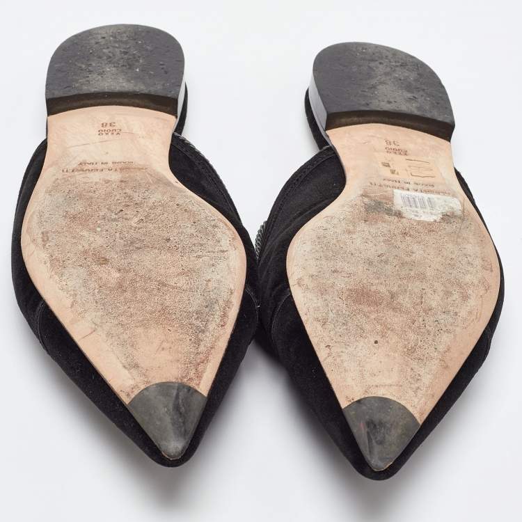 Pre Owned Alberto Fermani Black Velvet Buttons Embellished Flat Mules Size 38