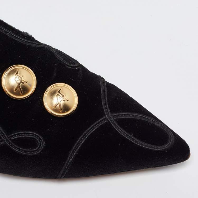 Pre Owned Alberto Fermani Black Velvet Buttons Embellished Flat Mules Size 38