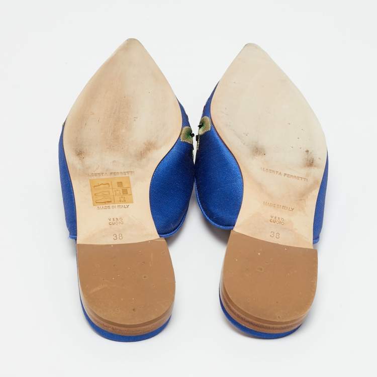 Pre Owned Alberto Fermani Blue Canvas Floral Embroidered Mules Size 38