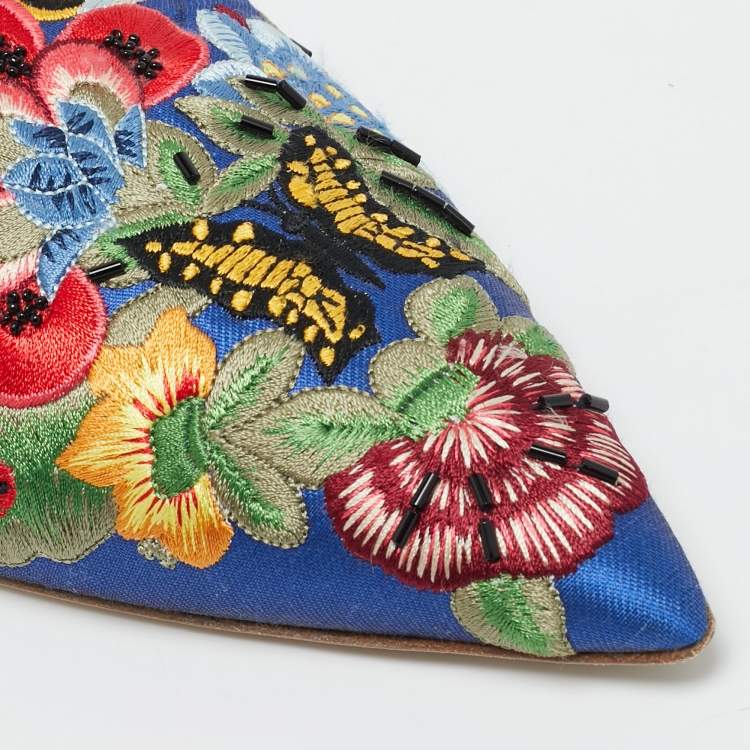 Pre Owned Alberto Fermani Blue Canvas Floral Embroidered Mules Size 38