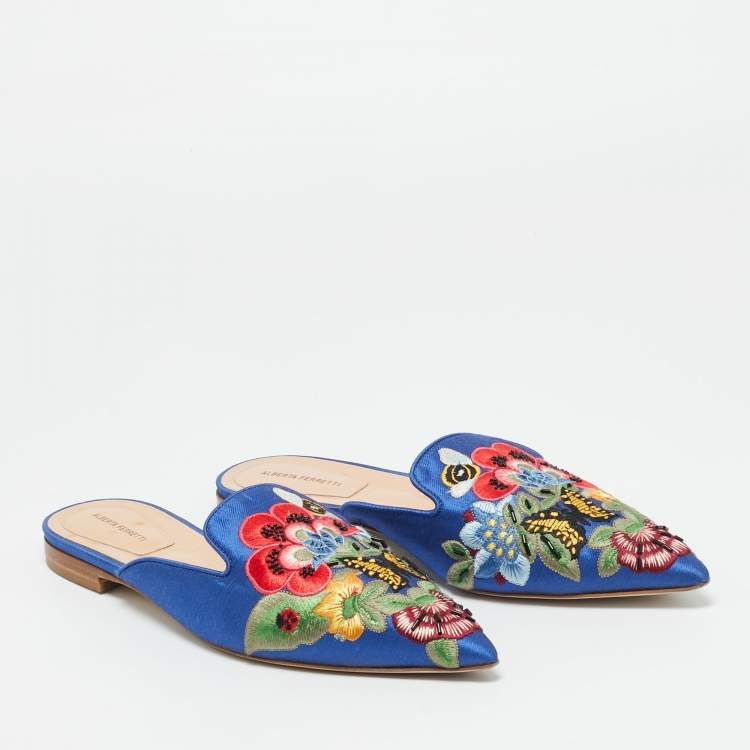 Pre Owned Alberto Fermani Blue Canvas Floral Embroidered Mules Size 38