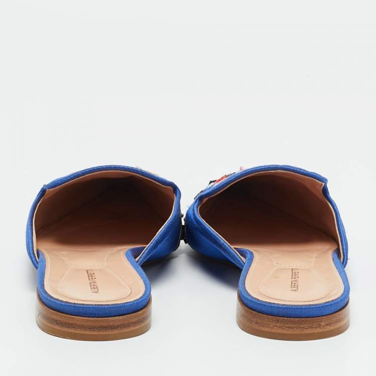Pre Owned Alberto Fermani Blue Canvas Floral Embroidered Mules Size 38