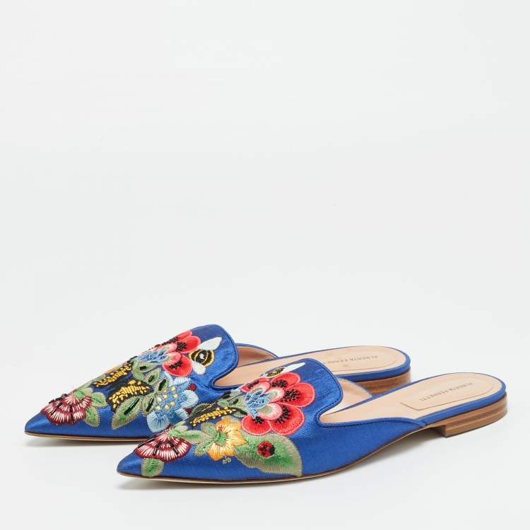 Pre Owned Alberto Fermani Blue Canvas Floral Embroidered Mules Size 38