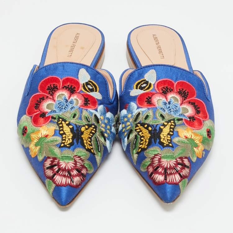 Pre Owned Alberto Fermani Blue Canvas Floral Embroidered Mules Size 38