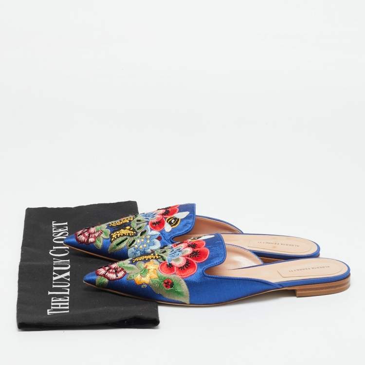 Pre Owned Alberto Fermani Blue Canvas Floral Embroidered Mules Size 38