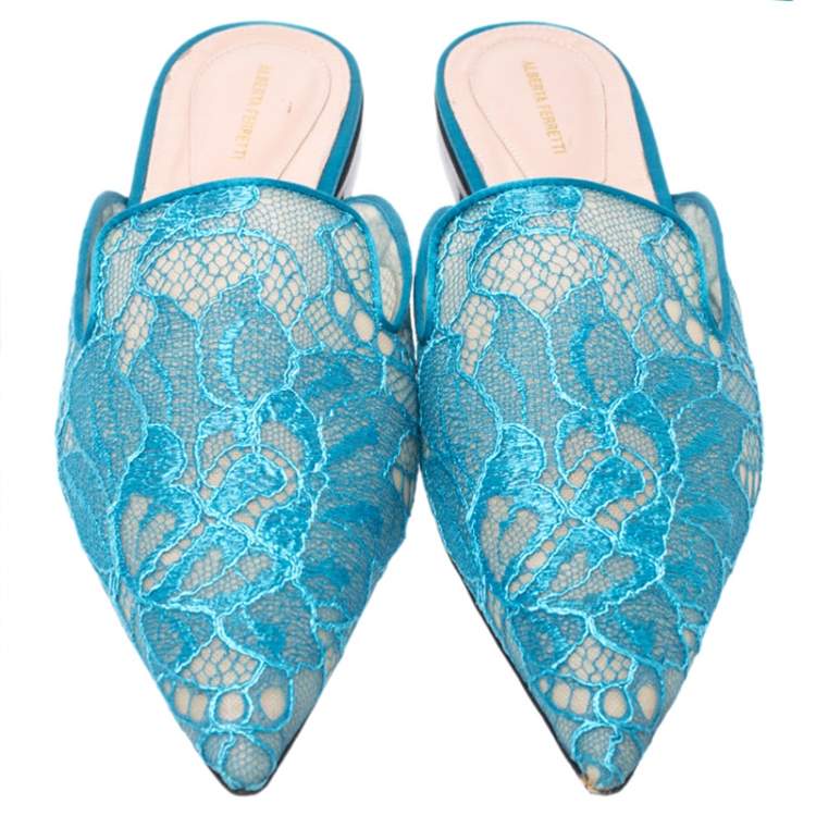 Pre Owned Alberta Ferretti Blue Lace And Satin Trim Flat Mules Size 40