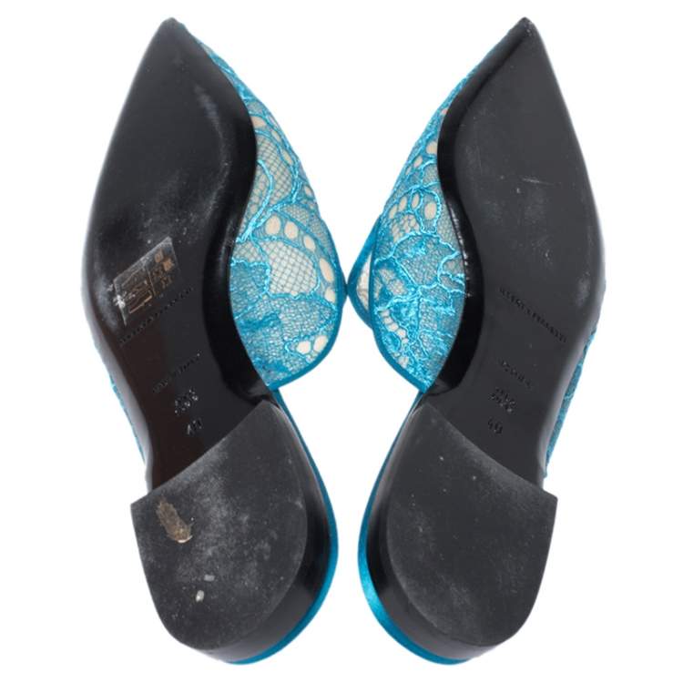 Pre Owned Alberta Ferretti Blue Lace And Satin Trim Flat Mules Size 40