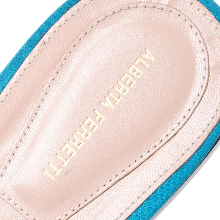Pre Owned Alberta Ferretti Blue Lace And Satin Trim Flat Mules Size 40