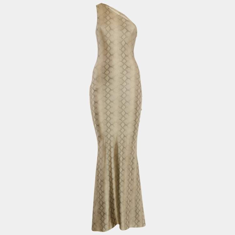 Pre Owned Alek Adorian Couture Beige Snake Print Jersey Asymmetric One-Shoulder Maxi Dress S