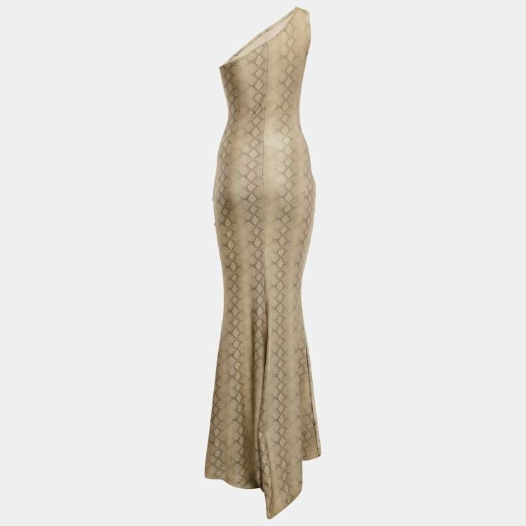 Pre Owned Alek Adorian Couture Beige Snake Print Jersey Asymmetric One-Shoulder Maxi Dress S