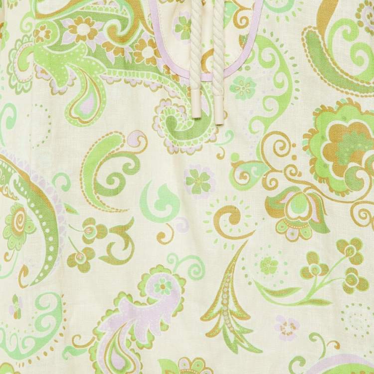 Pre Owned Alemais Cream/Green Paisley Print Linen Marta Pool Dress XL