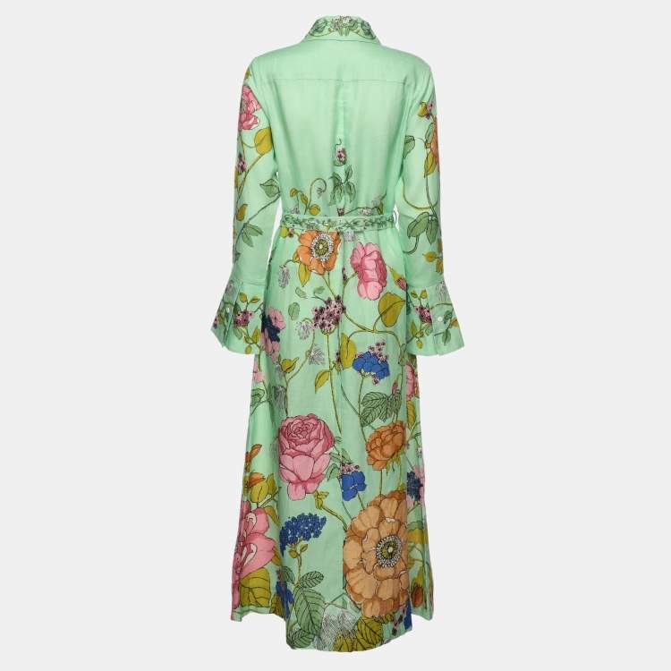 Pre Owned Alemais Green Olivia Floral Print Linen Shirt Maxi Dress M
