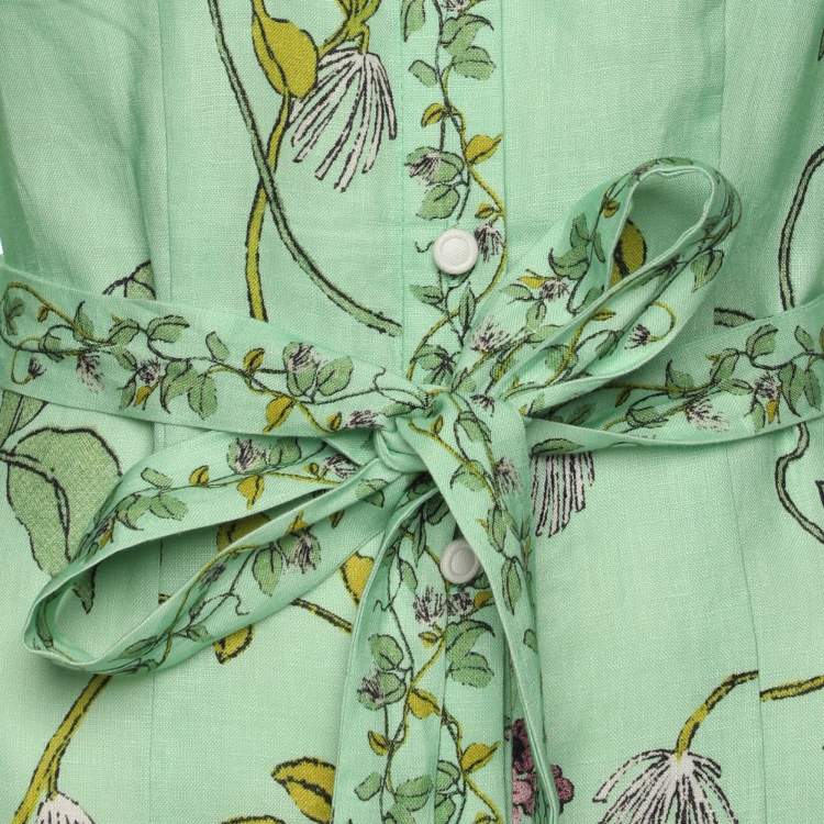 Pre Owned Alemais Green Olivia Floral Print Linen Shirt Maxi Dress M
