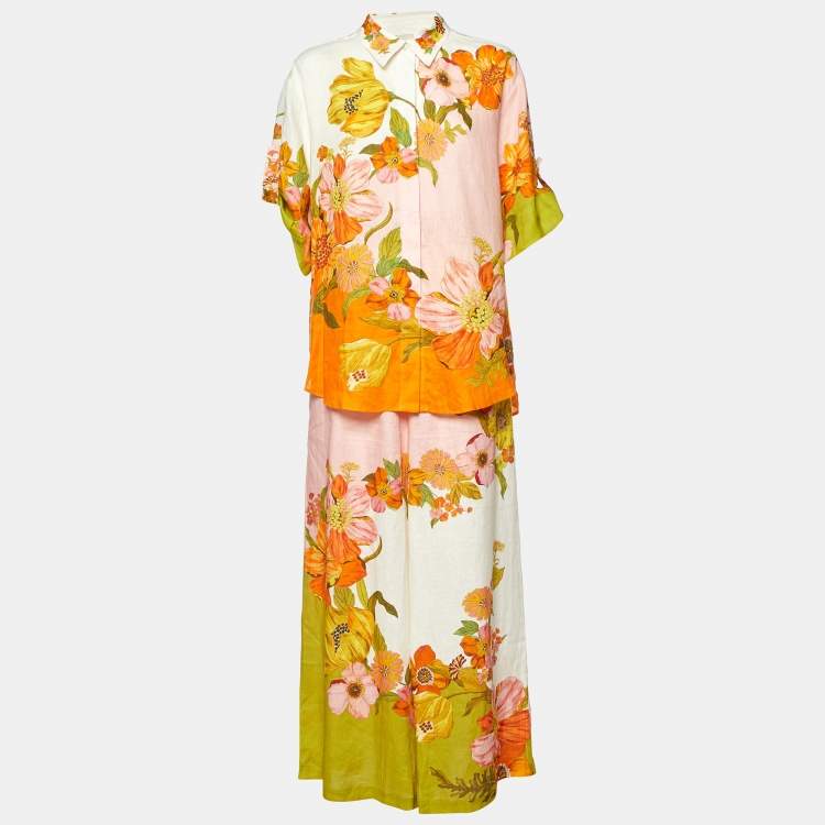 Pre Owned Alemais Multicolor Floral Print Linen Shirt and Trousers Set L