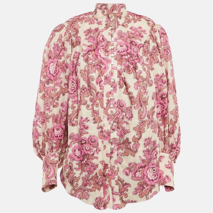 Pre Owned Alemais Pink Floral Print Linen Isla Blouse XS