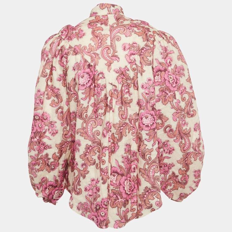 Pre Owned Alemais Pink Floral Print Linen Isla Blouse XS