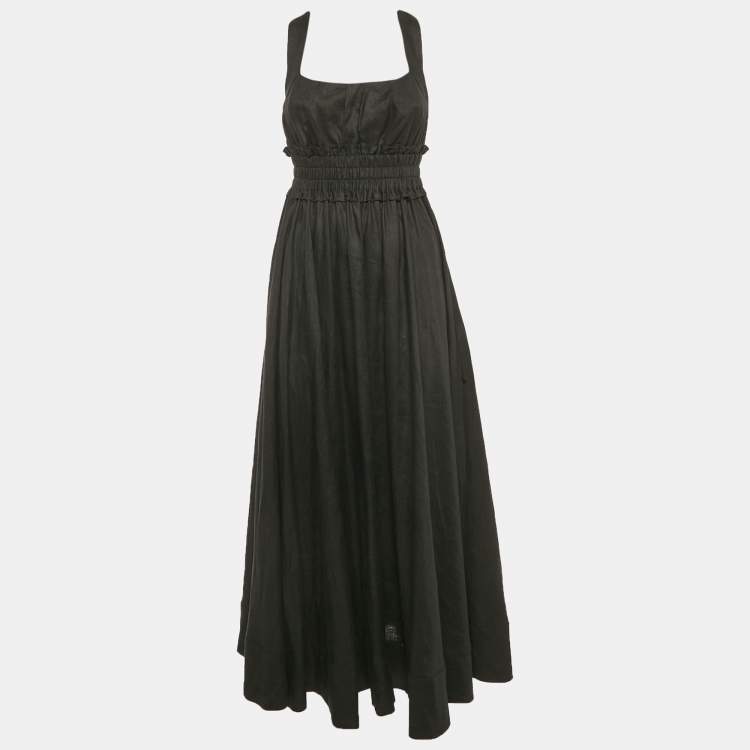 Pre Owned Alemais Black Linen Shirring Gathered Maxi Dress S