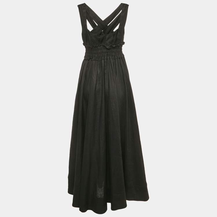 Pre Owned Alemais Black Linen Shirring Gathered Maxi Dress S
