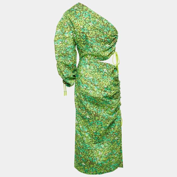 مملوكة مسبقًا Alemais Green Abstract Print Cotton One-Shoulder Ruched Phyllis Dress M