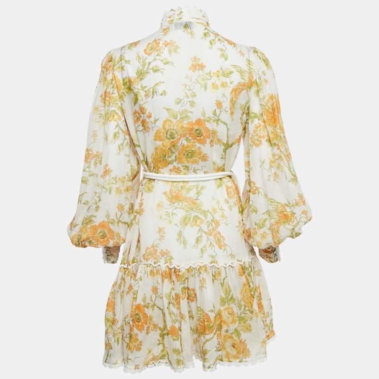 Pre Owned Alemais Yellow/Multicolor Floral Print Ramie Belted Flounce Mini Dress M