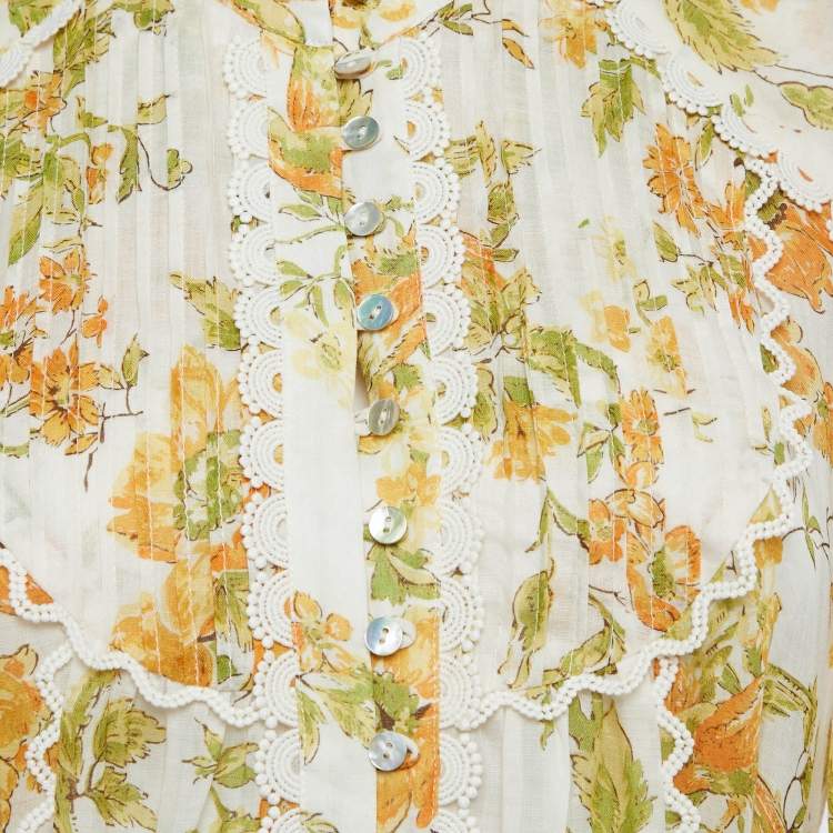 Pre Owned Alemais Yellow/Multicolor Floral Print Ramie Belted Flounce Mini Dress M