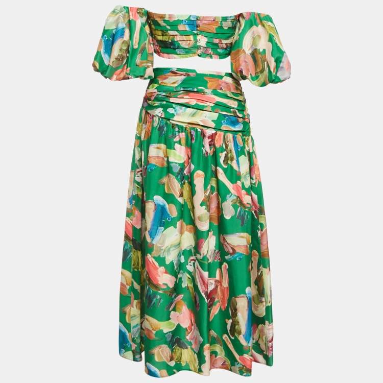 Pre Owned Alemais Green Abstract Print Silk Arlo Top and Midi Skirt Set M