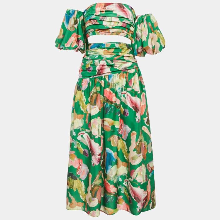 Pre Owned Alemais Green Abstract Print Silk Arlo Top and Midi Skirt Set M