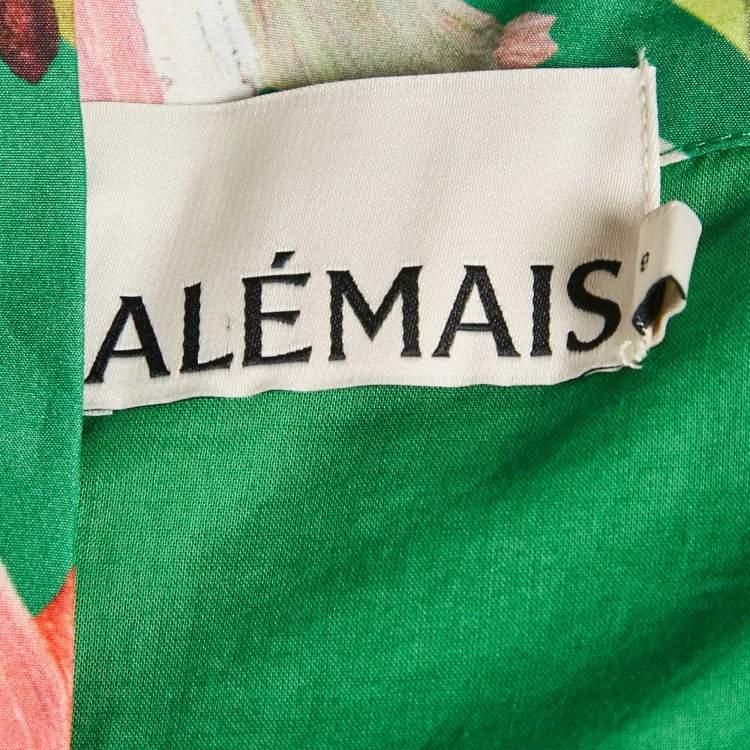 Pre Owned Alemais Green Abstract Print Silk Arlo Top and Midi Skirt Set M