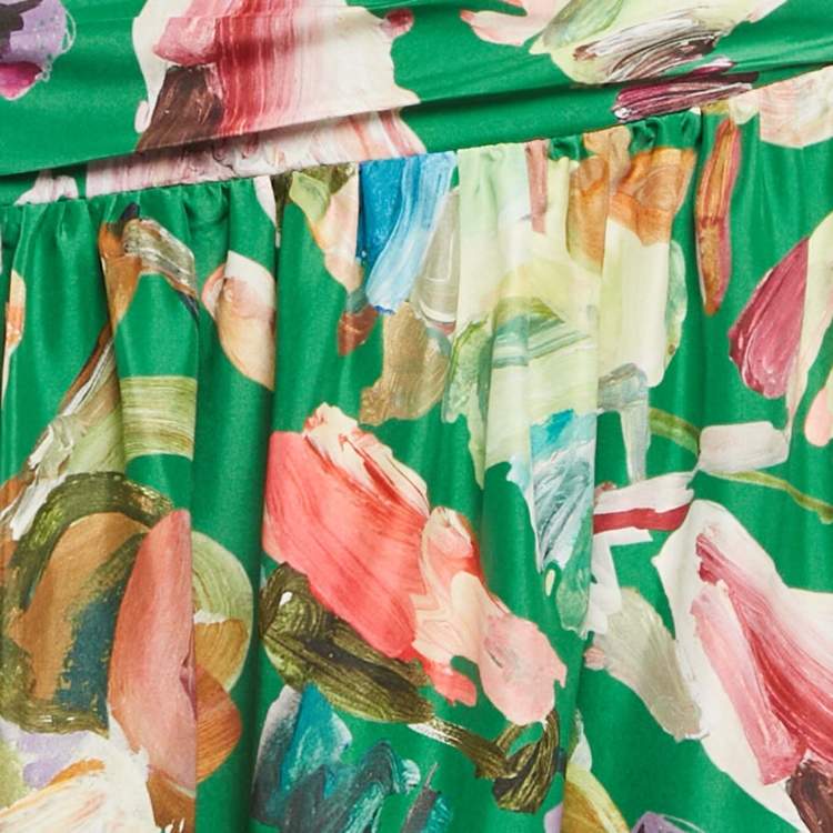 Pre Owned Alemais Green Abstract Print Silk Arlo Top and Midi Skirt Set M