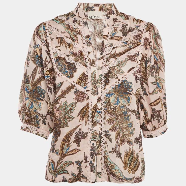 Pre Owned Alemais Pink Printed Lace Trim Ramie Estella Yoke Front Shirt S