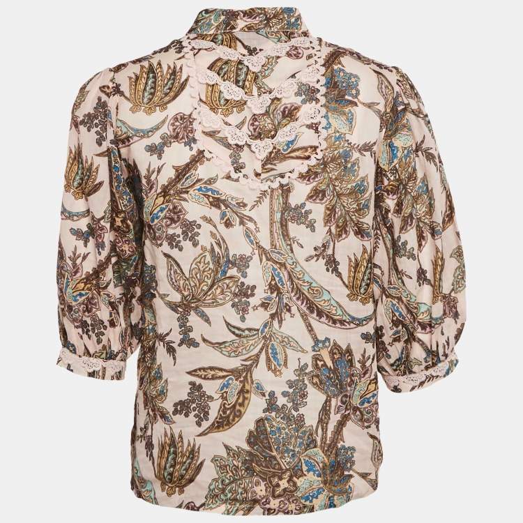 Pre Owned Alemais Pink Printed Lace Trim Ramie Estella Yoke Front Shirt S
