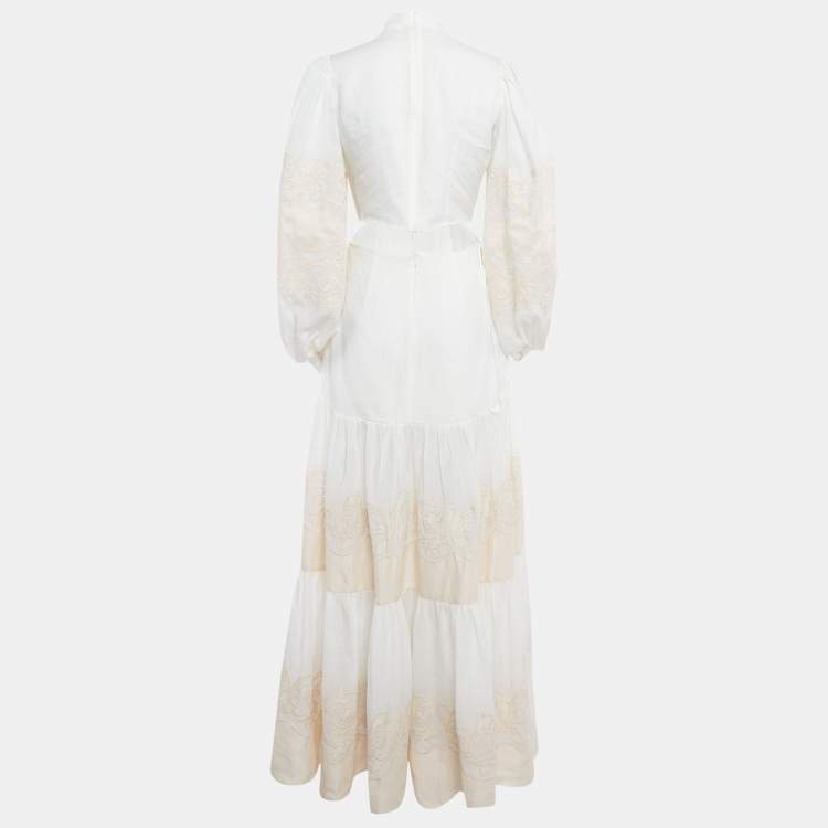 Pre Owned Alemais Off-White Applique Detail Linen Cut-Out Maxi Dress M