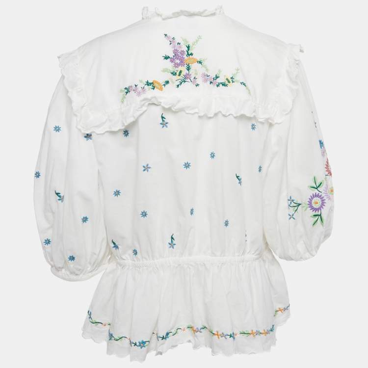Pre Owned Alemais White Floral Embroidery Cotton Ruffled Blouse L