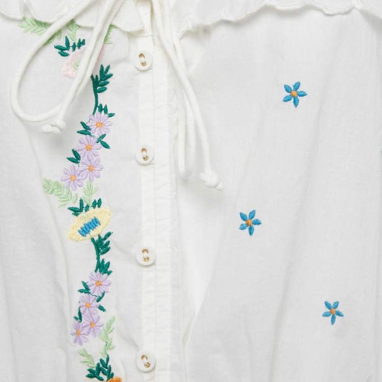 Pre Owned Alemais White Floral Embroidery Cotton Ruffled Blouse L