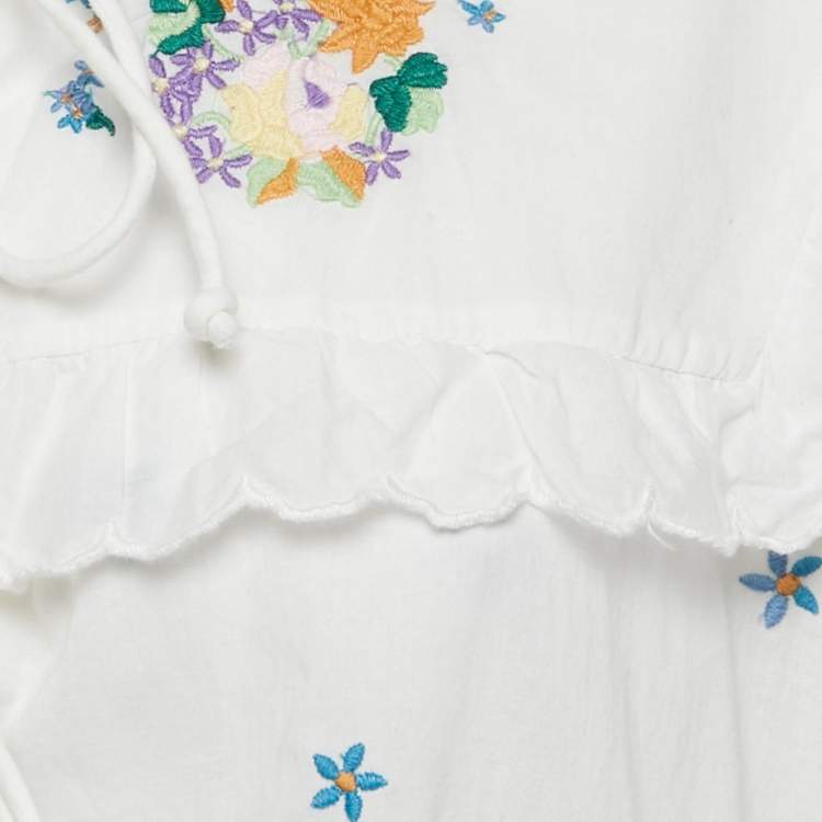 Pre Owned Alemais White Floral Embroidery Cotton Ruffled Blouse L
