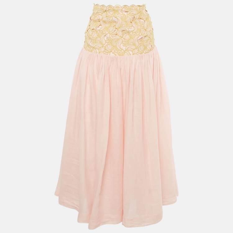 Pre Owned Alemais Pink Floral Embroidered Anthea Maxi Skirt L