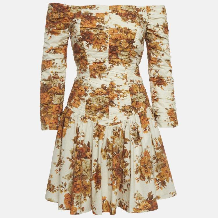 Pre Owned Alemais Cream Floral Printed Cotton Ruched Derby Mini Dress M