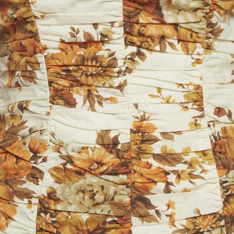 Pre Owned Alemais Cream Floral Printed Cotton Ruched Derby Mini Dress M