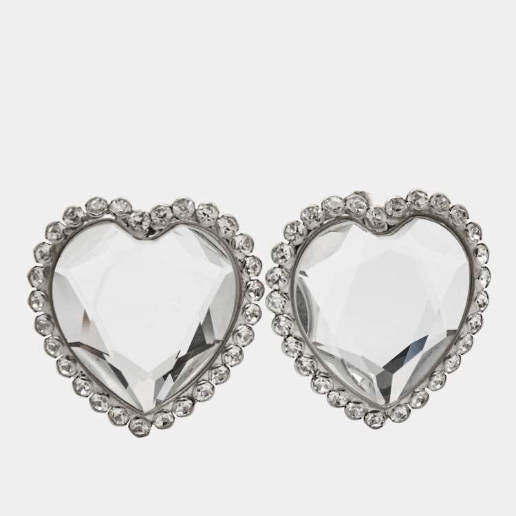 Pre Owned Alessandra Rich Heart Crystals Silver Tone Earrings