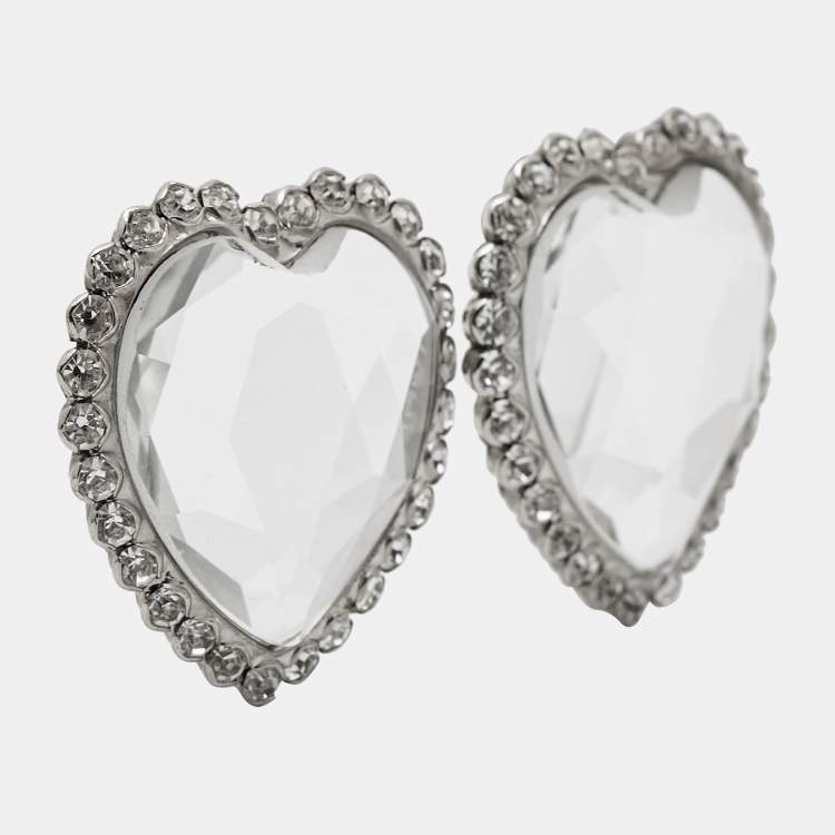 Pre Owned Alessandra Rich Heart Crystals Silver Tone Earrings