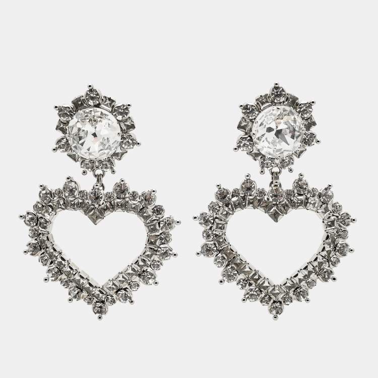 Pre Owned Alessandra Rich Heart Crystals Silver Tone Earrings