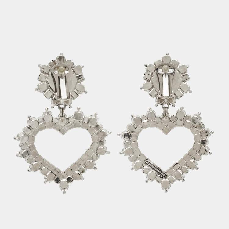 Pre Owned Alessandra Rich Heart Crystals Silver Tone Earrings