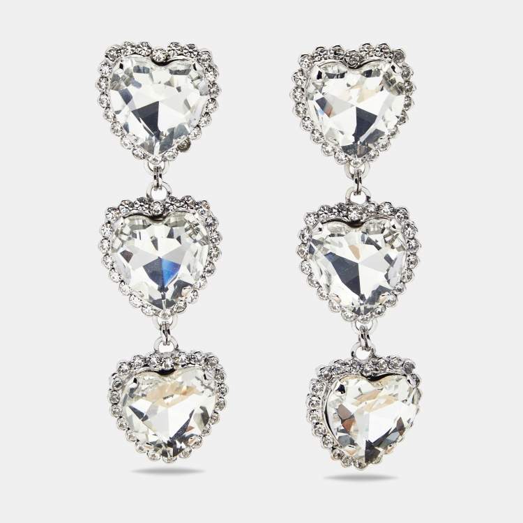 Pre Owned Alessandra Rich Hearts Crystals Silver Tone Drop Earrings