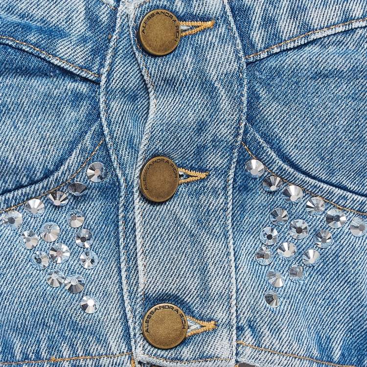 Pre Owned Alessandra Rich Blue Crystal Embellished Denim Corset and Jeans Set S Waist 25"