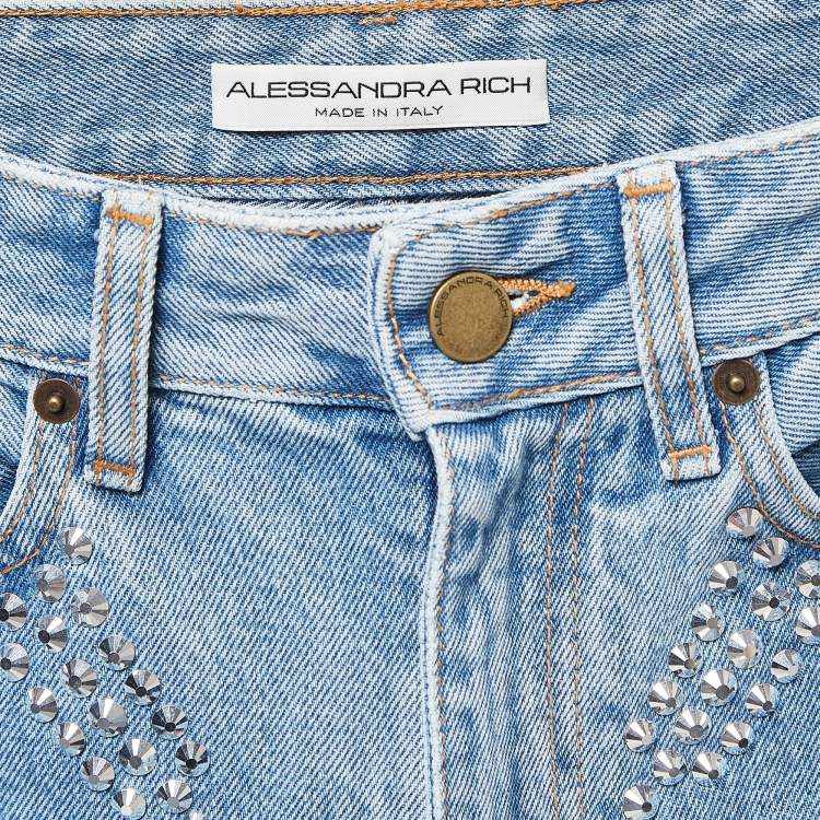 Pre Owned Alessandra Rich Blue Crystal Embellished Denim Corset and Jeans Set S Waist 25"