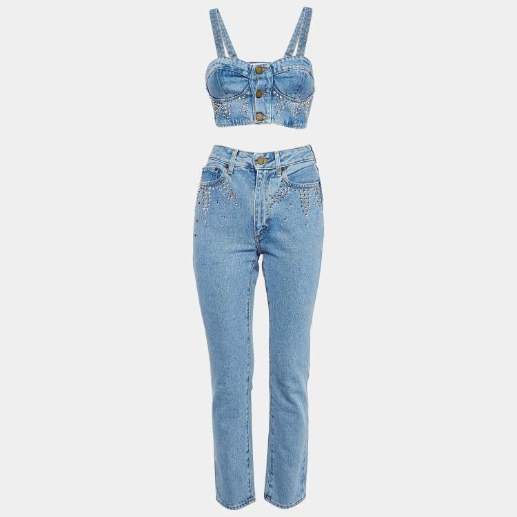 Pre Owned Alessandra Rich Blue Crystal Embellished Denim Corset and Jeans Set S Waist 25"