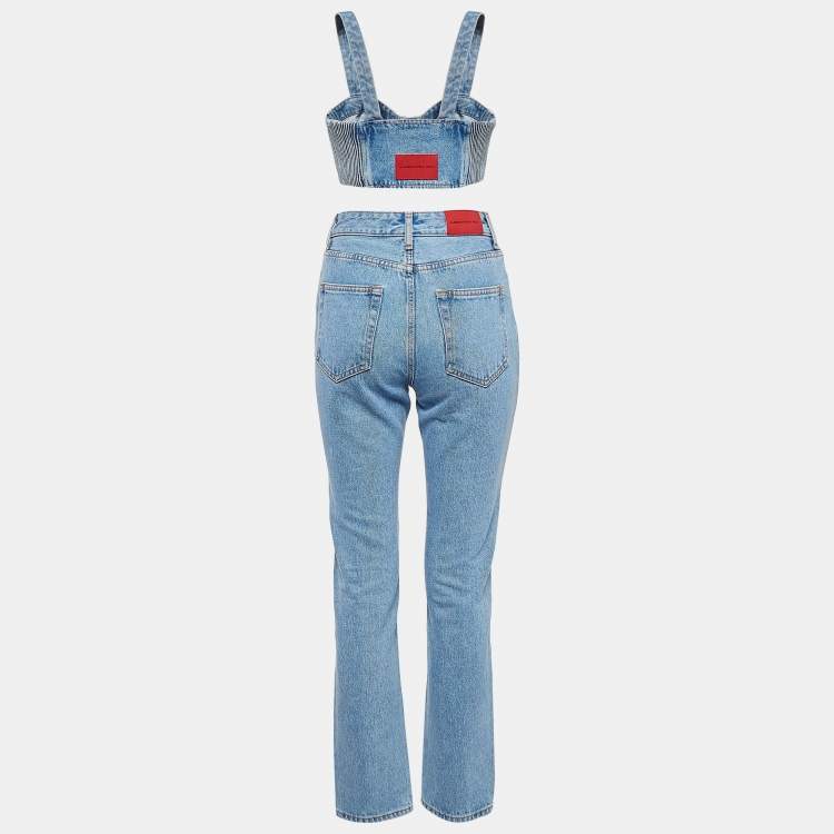 Pre Owned Alessandra Rich Blue Crystal Embellished Denim Corset and Jeans Set S Waist 25"